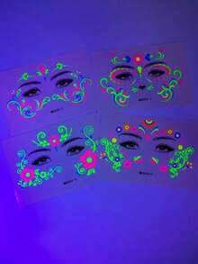 4pcs Neon Floral Temporary Tattoos, Glow-In-The-Dark Body Art Stickers, Suitable For Night Parties, Music Festivals, Cheek & Brow Art In Spring/Summer - Multicolor - View 4