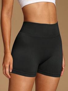 VVX Quần short tập thể dục nữ cạp cao, lưng chữ V nhún, kiểm soát bụng, yoga, không đường may, ôm dáng, màu trơn, mềm, kiểu biker cho tập gym, thể thao, mặc thường ngày, dùng cho mọi mùa - màu đen - Xem 3