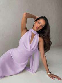 Vestido de mujer con cuello drapeado, línea A y espalda descubierta en color amarillo fluido - Púrpura malva - Ver 7