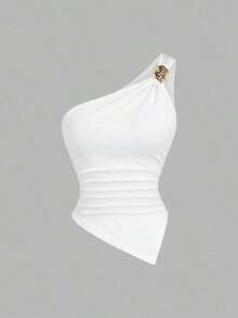 Blusa de unicolor minimalista con cuello asimétrico y hebilla de metal para mujer - Multicolor 12 - Ver 7