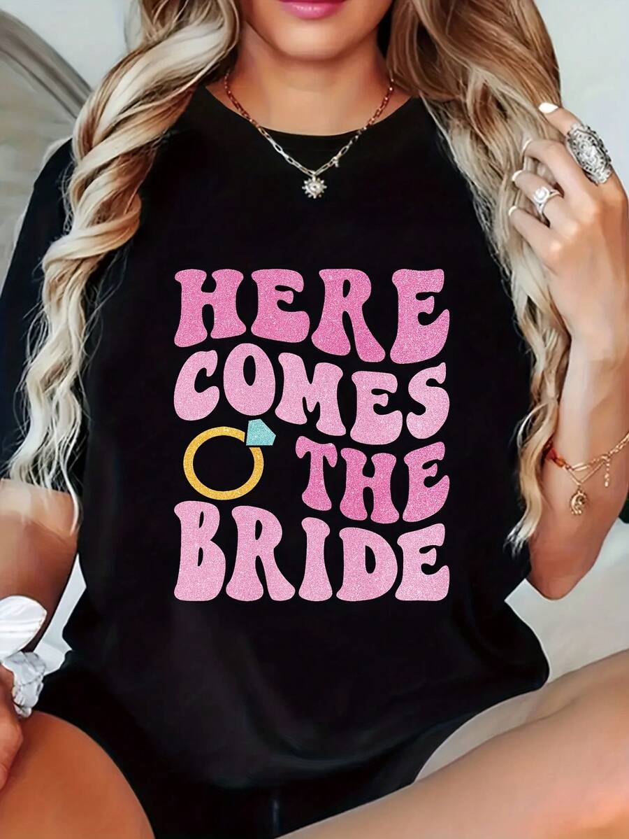 Camiseta de Mujer Estampada, Cómoda y Elegante, Cuello Redondo, Manga Corta, Lavable a Máquina, Apta para Todas las Temporadas - Negro - Ver 1