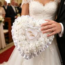 White Artificial Rose Wedding Ring Pillow, Heart-Shaped Ring Bearer Cushion With Shiny Rhinestones And Satin Ribbon, Romantic Wedding Party Decor Ring Holder - View 1