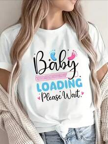 Stylish Black Short-Sleeved T-Shirt For Women, Featuring A Fun "Please Wait" Graphic Design, Comfortable And Lightweight, Suitable For Both Home And Casual Wear, Made From Soft Fabric With A Fun Pregnancy Announcement Print, Chic Fashion T-Shirt. - 白色 - 查看 7