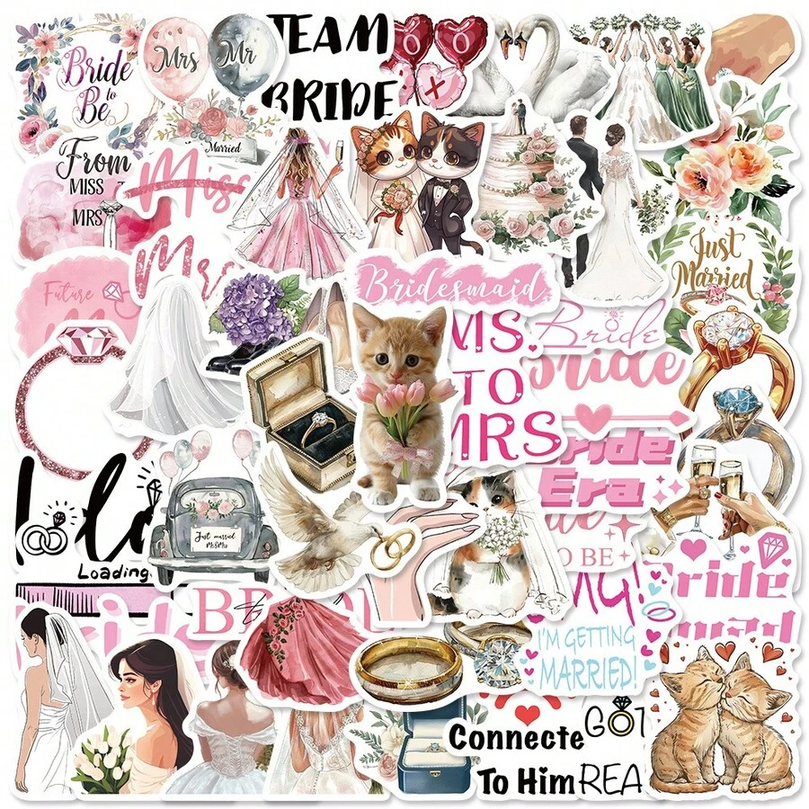 SCXXBSW 50PCS Wedding Season Stickers, Wedding Element Stickers, DIY Decorative Stickers. Perfect For Decorating Phones, Tablets, Laptops, Water Bottles, Suitcases And All Kinds Of Items. - Multicolor - View 1