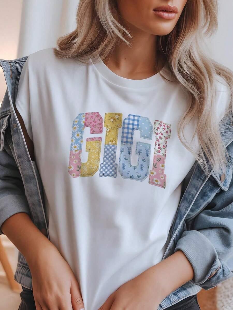 Camiseta G1igi con estampado floral patchwork, estilo vintage, regalo artístico para la abuela. Camiseta unisex de algodón puro de 220 g, peso ideal para todas las estaciones, apta tanto para hombres como para mujeres. Tejido duradero de alta calidad, suave al tacto y de larga duración. Top transpirable. Adecuado para mujer en primavera y verano, vacaciones, Día de la Madre, Día de la Independencia. - Blanco - Ver 1