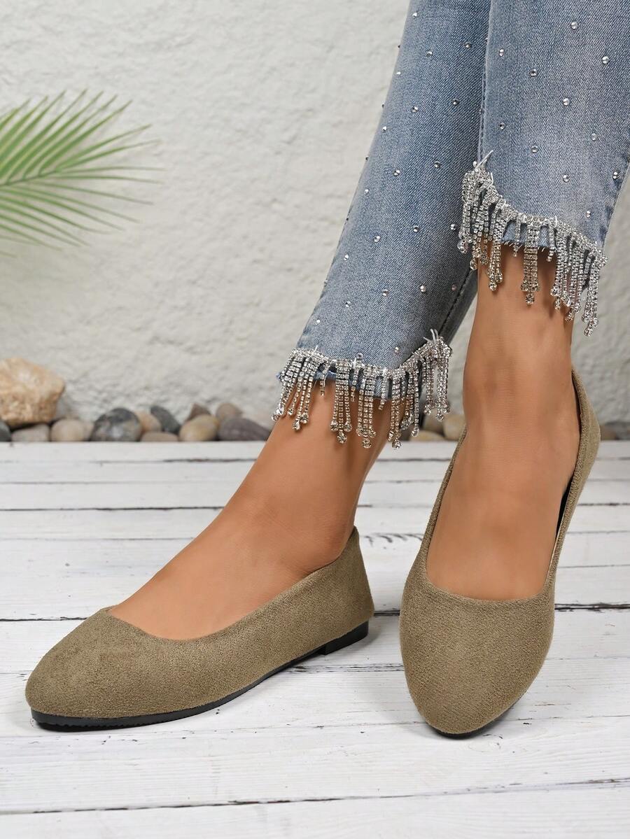 Women's Suede Flat Shoes, Solid Color Pointed Toe Low Heel Slip-On Boat Shoes, Candy Color Round Toe Cloth Shoes, Versatile Flat Shoes
