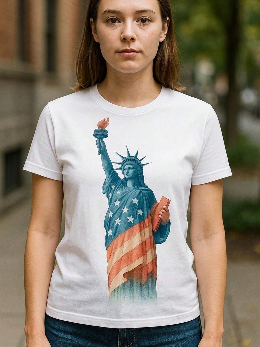 Camiseta del Día de la Independencia de EE. UU. con diseño de la Estatua de la Libertad. Camiseta patriótica del 4 de julio. Camiseta gráfica de celebración de la libertad de América. Camiseta unisex de algodón puro de 220 g. Peso ideal para todas las estaciones, adecuada tanto para hombres como para mujeres. Tejido duradero de alta calidad, suave al tacto y de larga duración. Parte superior transpirable. Adecuada para la primavera y el verano de las mujeres, vacaciones, Día de la Madre, Día de la Independencia. - Blanco - Ver 1