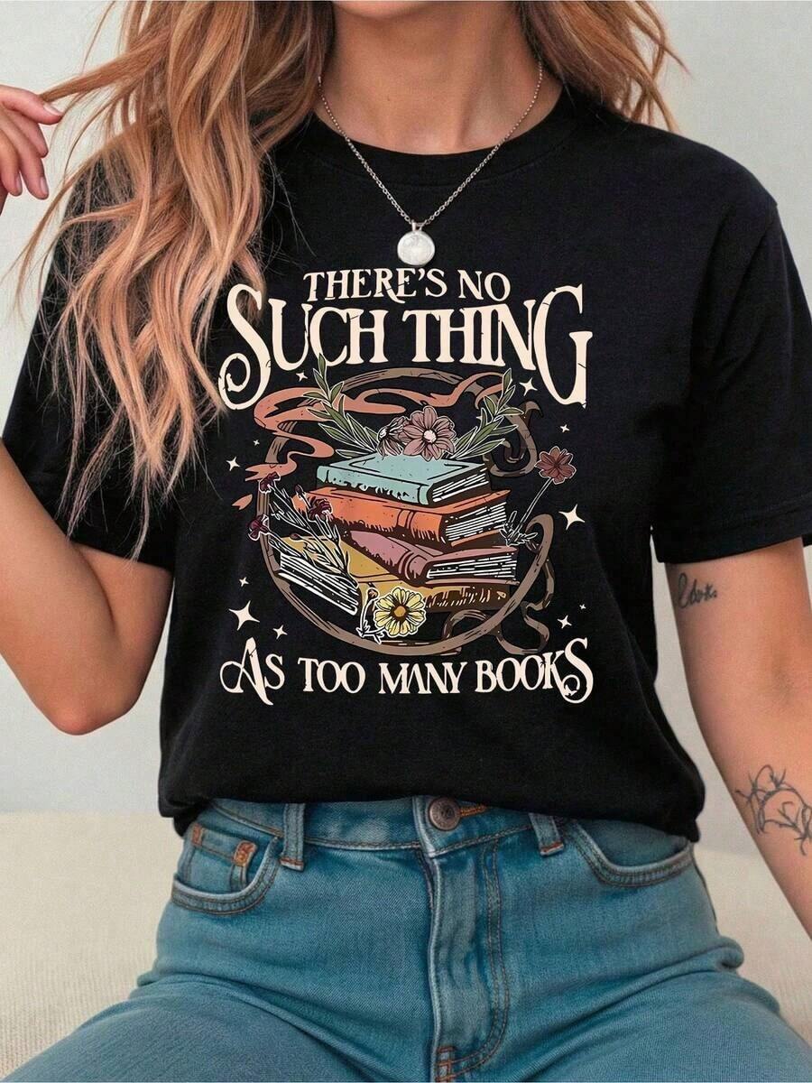 Cute, Fun, And Comfortable Vintage Short-Sleeved T-Shirt With A Book And Flower Print And Cartoon Lettering For Book Lovers. This Women's T-Shirt Is Suitable For Various Occasions, Such As Festival Gifts, Birthdays, Music Festivals, Casual Wear, And Beach Vacations. Simple Yet Stylish, It's Perfect For Everyday Wear For Women And Girls. - 黑色 - 查看 1