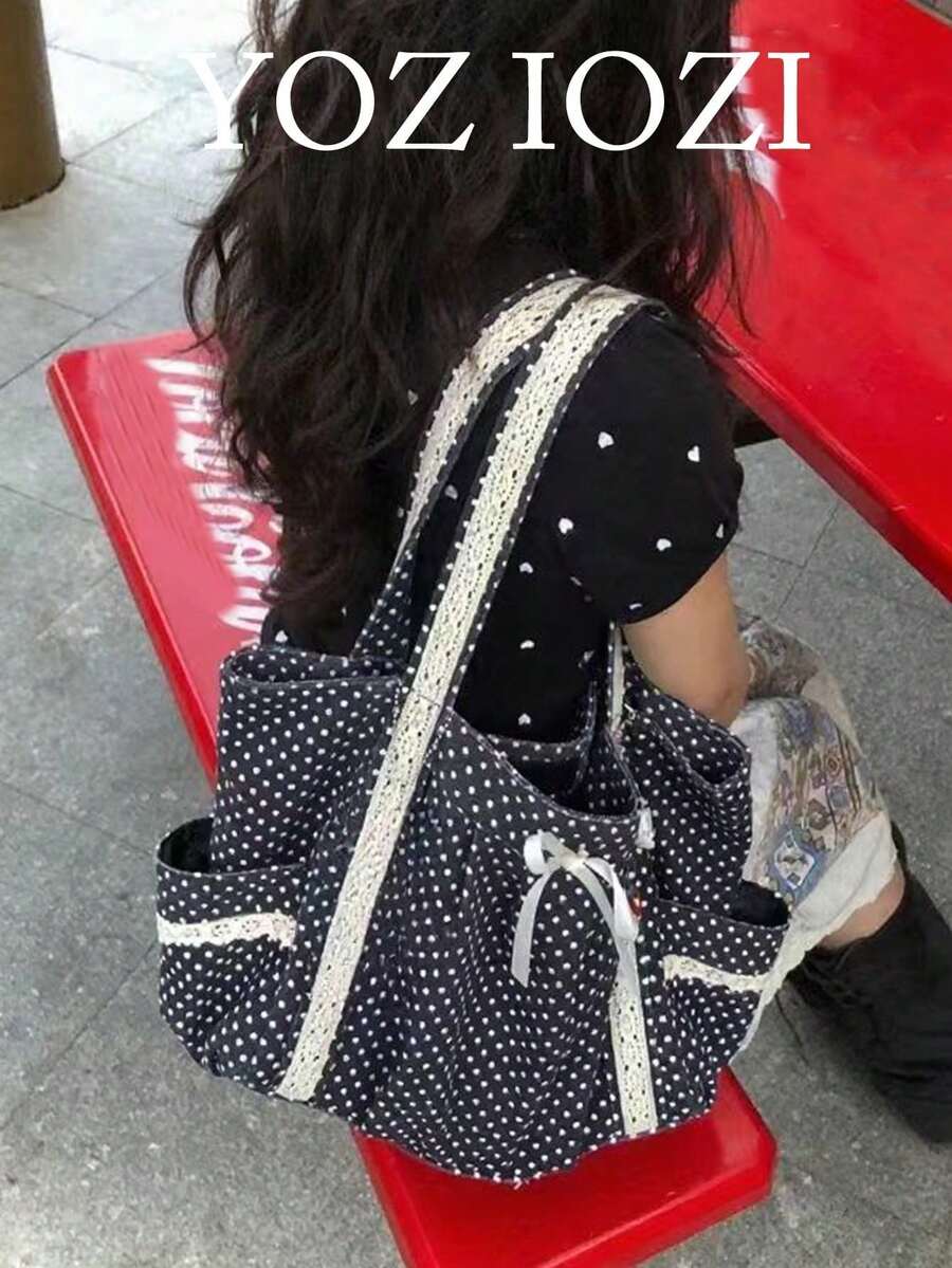 返校季黑白波点帆布手提包,大容量撞色单肩包,适合大学生,多功能手提包,腋下包 - 黑色 - 查看 1