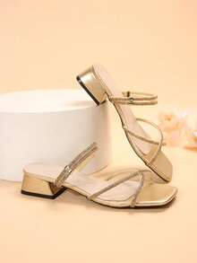 New Versatile Square Toe Chunky Heel Sandals, Fashionable French Style Crystal Embellished High Heels Suitable For Party, Gathering - Gold - View 4