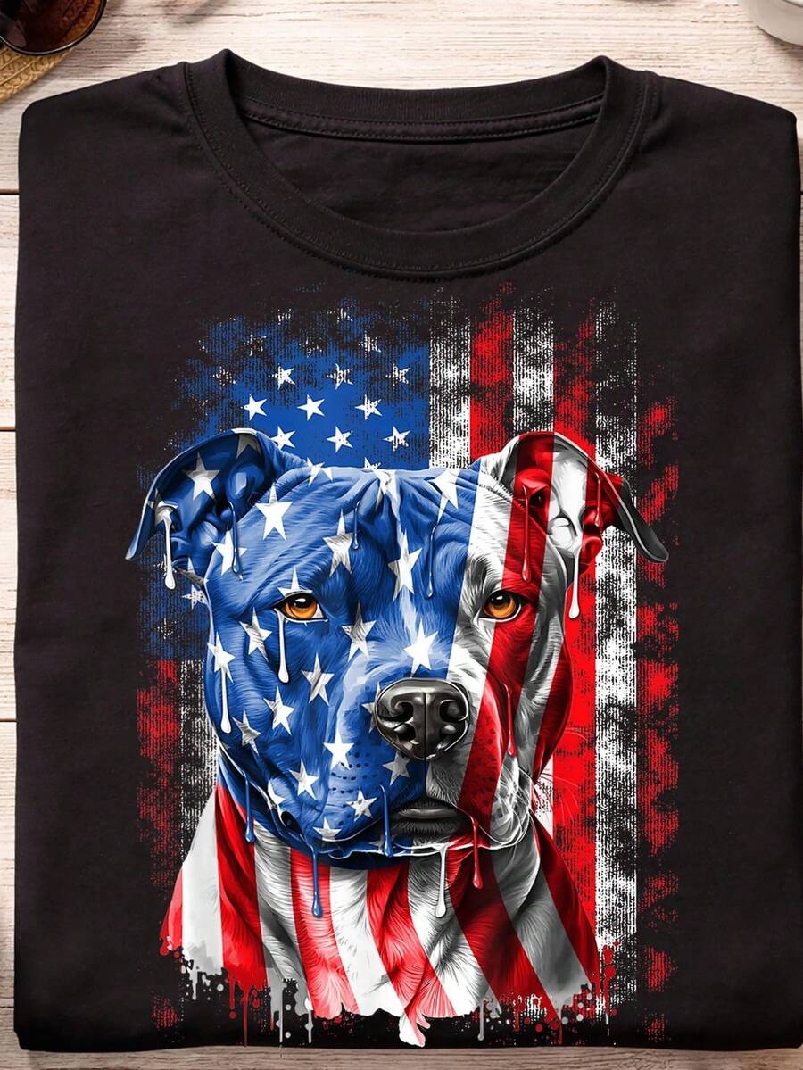 Camiseta patriótica Pitbull con bandera estadounidense, para amantes de los perros, 4 de julio. Camiseta unisex de algodón puro de 220 g, peso ideal para todas las estaciones, apta para hombres y mujeres. Tejido duradero de alta calidad, suave al tacto y de larga duración. Top transpirable. Adecuado para primavera y verano, vacaciones, Día de la Madre, Día de la Independencia. - Negro - Ver 1