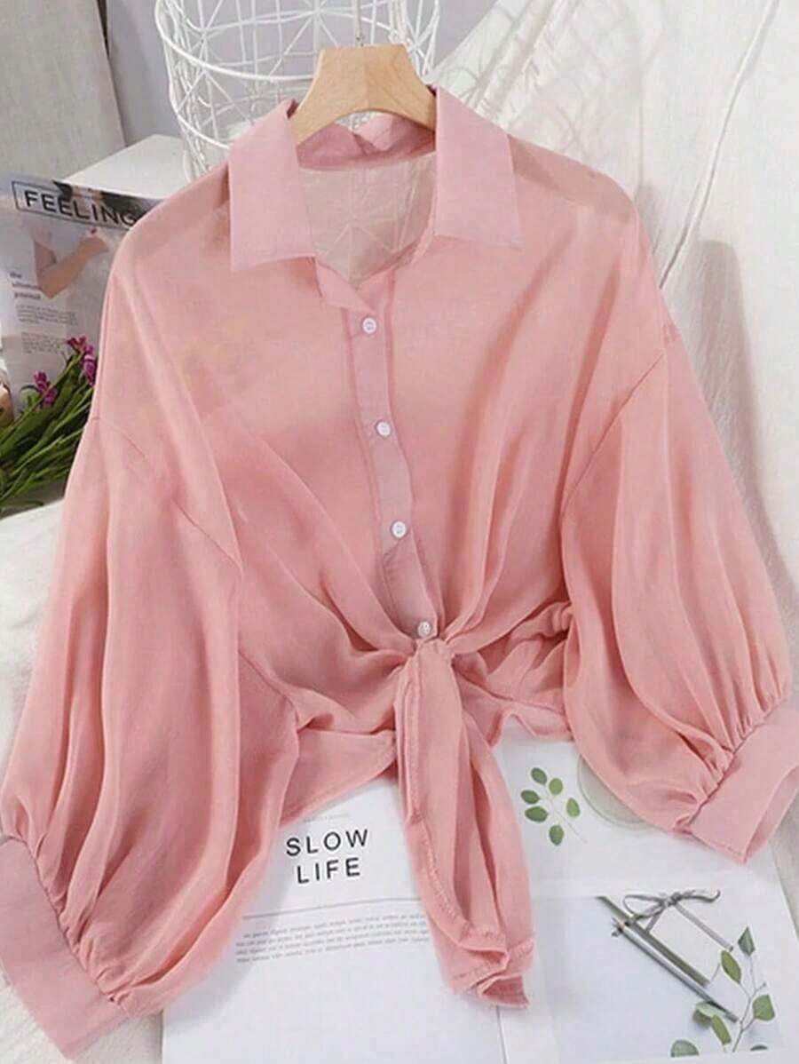 Nueva blusa de gasa de unicolor con chal corto casual de estilo de alas de murciélago para mujeres - Rosa 2 - Ver 1