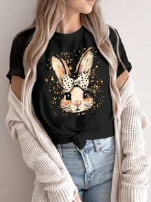 Camiseta deportiva casual vintage para mujer, camiseta de cuello redondo, con diseño de lazo y conejo, dulce y adorable, estilo femenino, adecuada para citas, regalo de Pascua, diseño de lazo y conejo, divertida, de Pascua, top cómodo para todas las estaciones. - Blanco - Ver 8