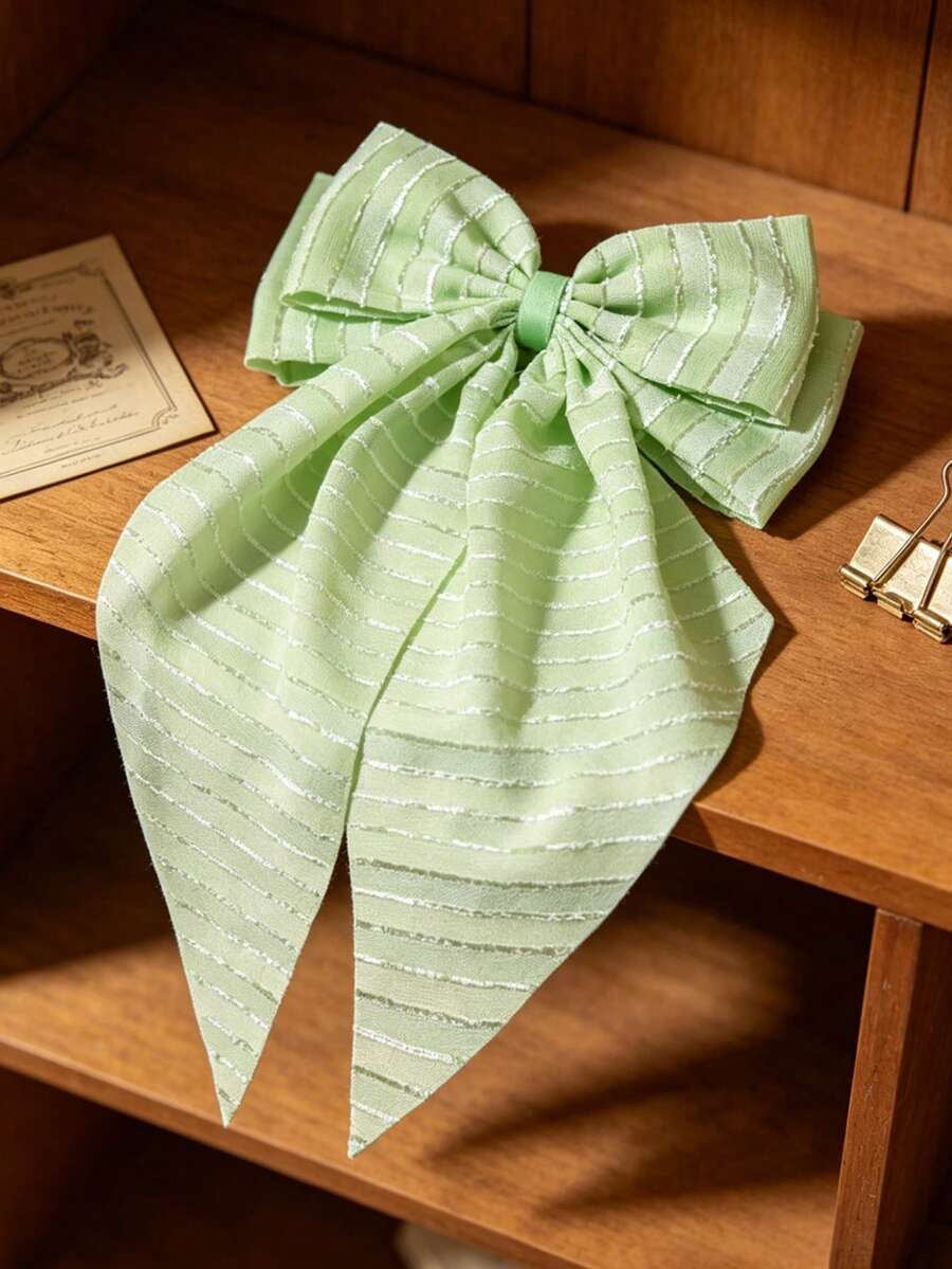1pc Korean Retro Striped Ruffle Bow Claw Clip Hair Accessory, Bohemian Cute Street Elegant Polyester Fiber Daily, Commute, Versatile,Hair Slide,Bobby Pin - Green - View 1