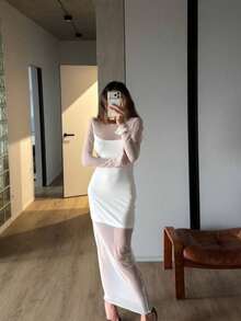 Vestido Elegante Mujer Primavera 2026, Estilo Socialite, Tul Transparente, Doble Capa, Ajustado, Sensual y Sofisticado - Blanco - Ver 3