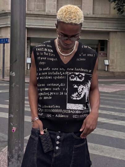  Áo tank top nam không tay cổ chữ V dáng rộng in họa tiết ANDREILEE, đa năng cho phong cách đường phố và đi làm, màu đen, mùa xuân/hè.