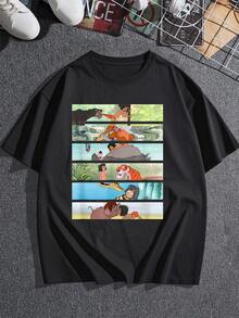 Colorful Scenes Depicting The Friendship Between A Child And Jungle Animals Symbolizing A Connection To Nature And Inner Harmony. Soft And Comfortable Women's T-Shirt, Ideal For Casual Everyday Wear. - 黑色 - 查看 3