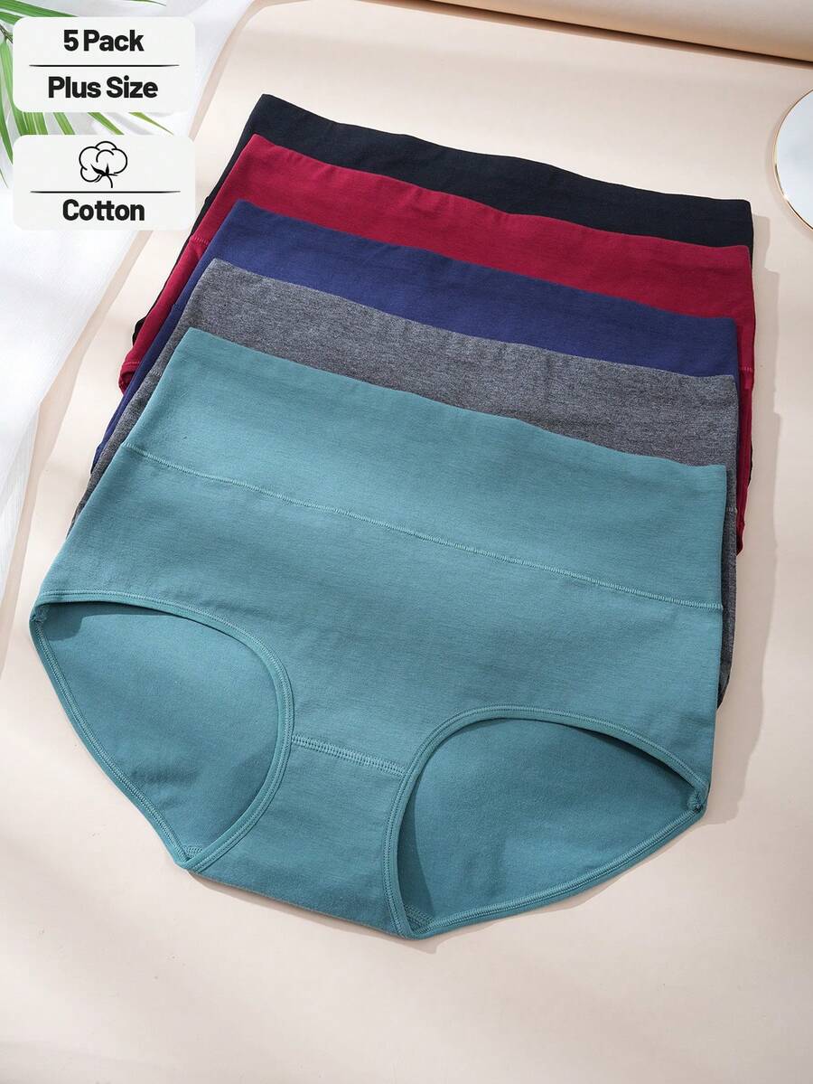5pcs Plus Size Women's High Waist Comfortable Soft Pure Cotton Full Coverage Panties, Multicolor - Multicolor - View 1