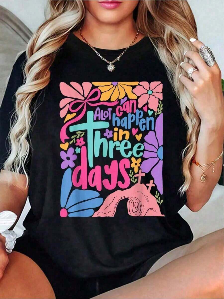 Vintage Boho Coquette "Many Things Can Happen In Three Days" Easter T-Shirt, Casual Short Sleeve Crew Neck T-Shirt For Women, For Spring And Summer, Women's Warm Fashion Clothing - 黑色 - 查看 1