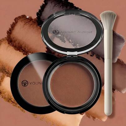 YOUNG VISION 1 Caja de Polvo Contorneador Mate de Bronce y 1 Pincel de Maquillaje Suave de Alta Densidad: Polvo Contorneador Resistente al Agua y al Control de Aceite para Definir las Facciones Faciales, Adecuado para Maquillaje de Fiesta