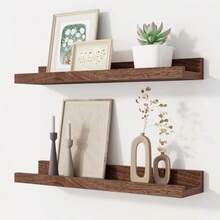 Floating Shelves Set Of, 16 Inch Solid Wood Wall Shelves With Lip, Large Nursery Book Shelf For Toys Storage, Bookshelf, Living Room, Bedroom Decor Frames, Walnut Color - 胡桃木相框層架 - 查看 1
