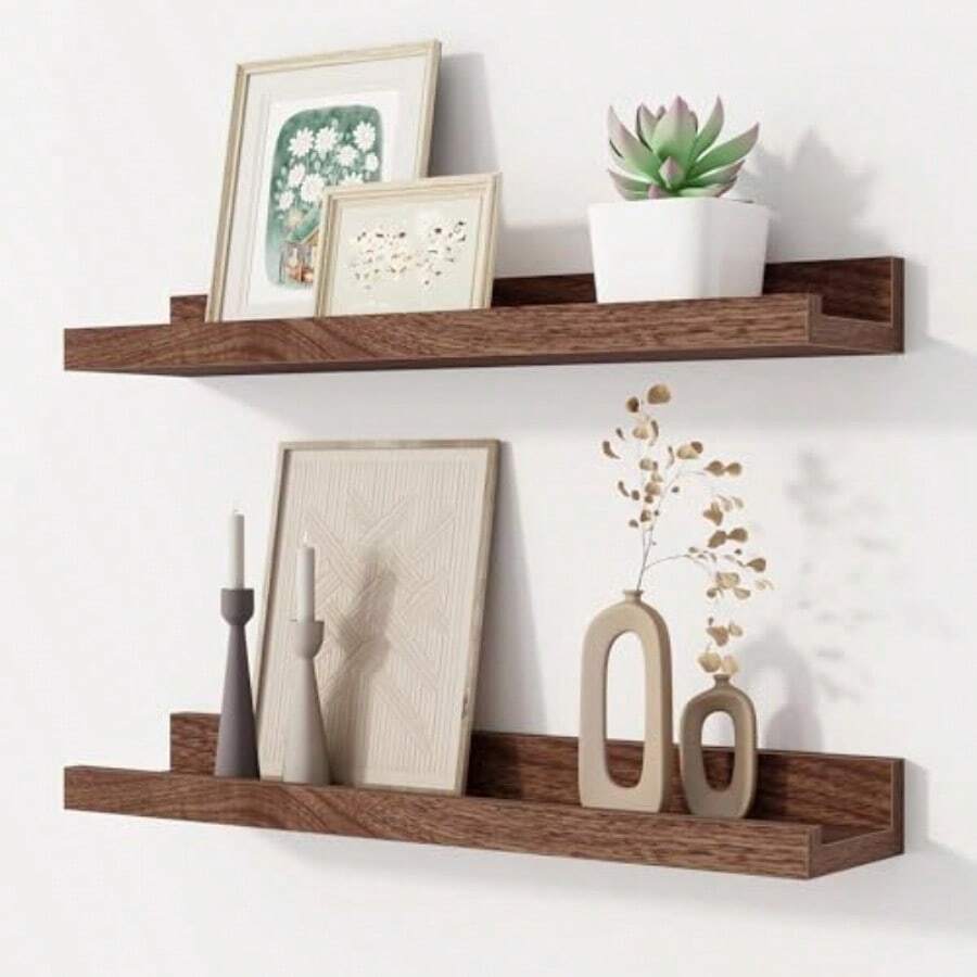 Floating Shelves Set Of, 16 Inch Solid Wood Wall Shelves With Lip, Large Nursery Book Shelf For Toys Storage, Bookshelf, Living Room, Bedroom Decor Frames, Walnut Color - 胡桃木相框層架 - 查看 1