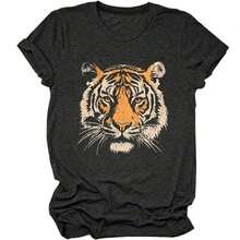 Tee1 Women's Cute And Casual Tiger Print Short Sleeve T-Shirt, Cotton, With Pink Bow And Glasses, Slightly Elastic Round Neck. Short Sleeve T-Shirt. 100% Cotton. - 黑色 - 查看 4