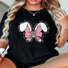 Women Black Cotton High Stretch Regular Sleeve Round Neck T Shirt with Happy Teacher Bunny Print Casual Style - Negro - Ver 1
