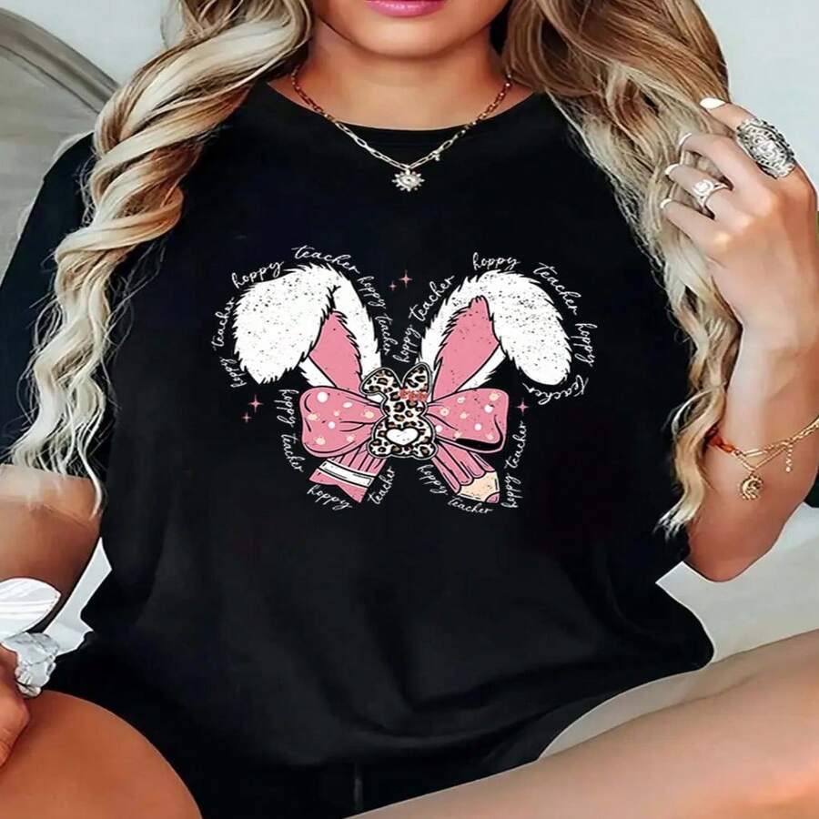 Women Black Cotton High Stretch Regular Sleeve Round Neck T Shirt with Happy Teacher Bunny Print Casual Style - Negro - Ver 1