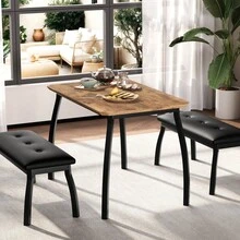 Conjunto de comedor industrial de 3 piezas para 4 personas – Estructura de metal resistente y superficie de madera – Incluye 2 bancos tapizados en cuero PU – Mobiliario moderno y ahorrador de espacio para comedor, cocina o restaurante – 43''x28''x30'' – Negro/Gris/Vintage - Color retro - Ver 3
