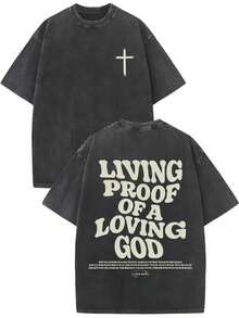 1 camiseta vintage de algodón lavado con el estampado inspirador "Una prueba viva del amor por Dios", ropa urbana unisex, gris con letras blancas, cuello redondo, cómoda para todas las estaciones, un regalo perfecto para hombres o mujeres. - Negro - Ver 8
