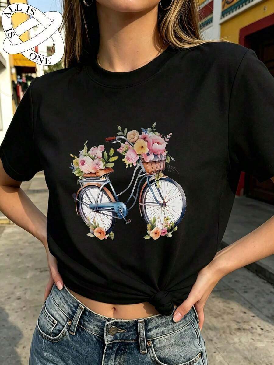 ALL IS ONE Algodón Puro camiseta oversize para mujer con estampado primaveral de bicicleta con flores, corte holgado de hombros caídos - Negro - Ver 1