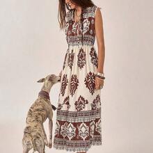 New Bohemian Vacation Dress | Sleeveless, Strategically Placed Floral Print Maxi Dress | Beach & Resort Wear | Summer Floral Dress | Mother's Day Dress | Women's Dress For All Seasons (Spring, Summer, Autumn, Winter) | Festive Occasion Wear | Casual Resort Dress | Seaside & Beach Outfit | Brown Dress | Country-Style Dress | Long Sleeveless Summer Bohemian Vacation Dress - Multicolor - Ver 2