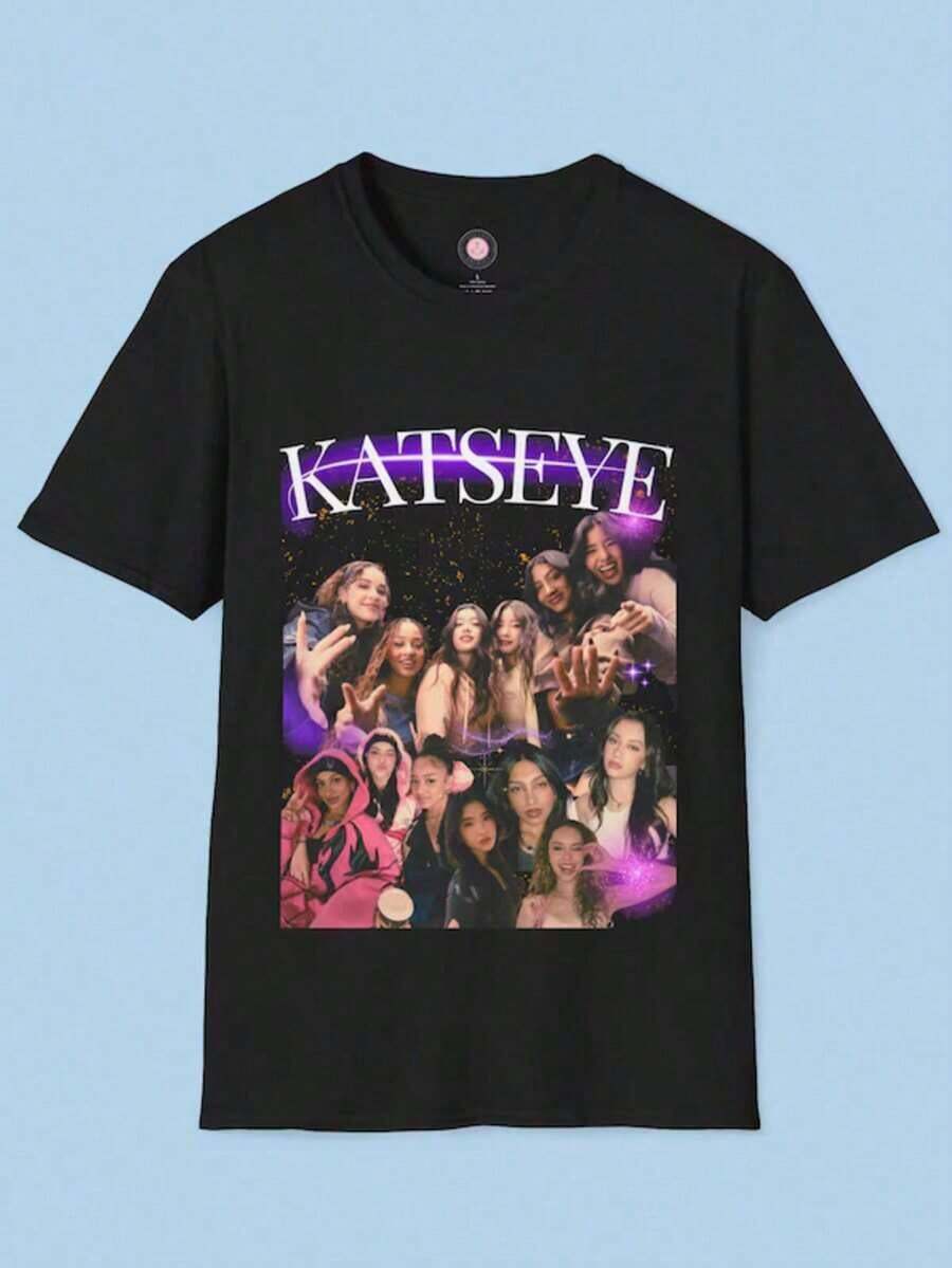 Katseye Members Short-Sleeve T-Shirt With Pink Signatures, Vintage Katseye Graphic Tee, Katseye The Beautiful Chaos Tour T-Shirt, Cute Girl Group. 100% Cotton. - 黑色 9 - 查看 1
