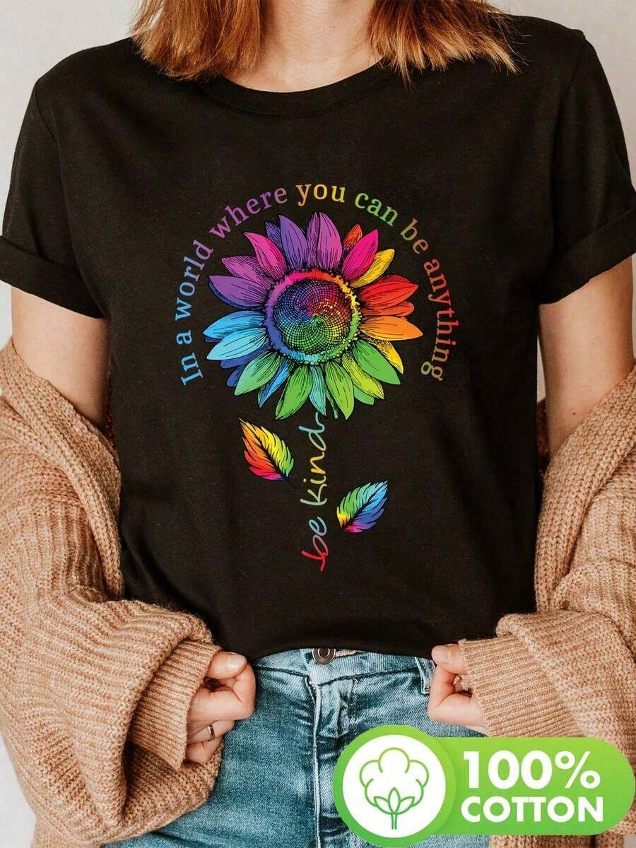 Camiseta con Estampado de Girasol Arcoíris Inspiradora para Mujer - Camiseta Casual de Cuello Redondo con Ligera Elasticidad - Top de Manga Corta con Estampado Floral para Todas las Temporadas - Negro - Ver 1