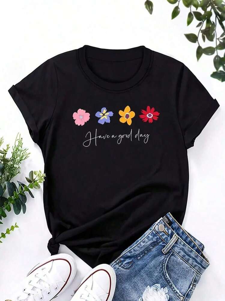 Fashionable Women's Short-Sleeved T-Shirt With Daisy Design And Round Neck, Casual Summer T-Shirt With Graphic Print, Short Sleeve, Round Neck, Soft And Breathable, Ideal For Everyday Street Wear. - màu đen - Xem 6