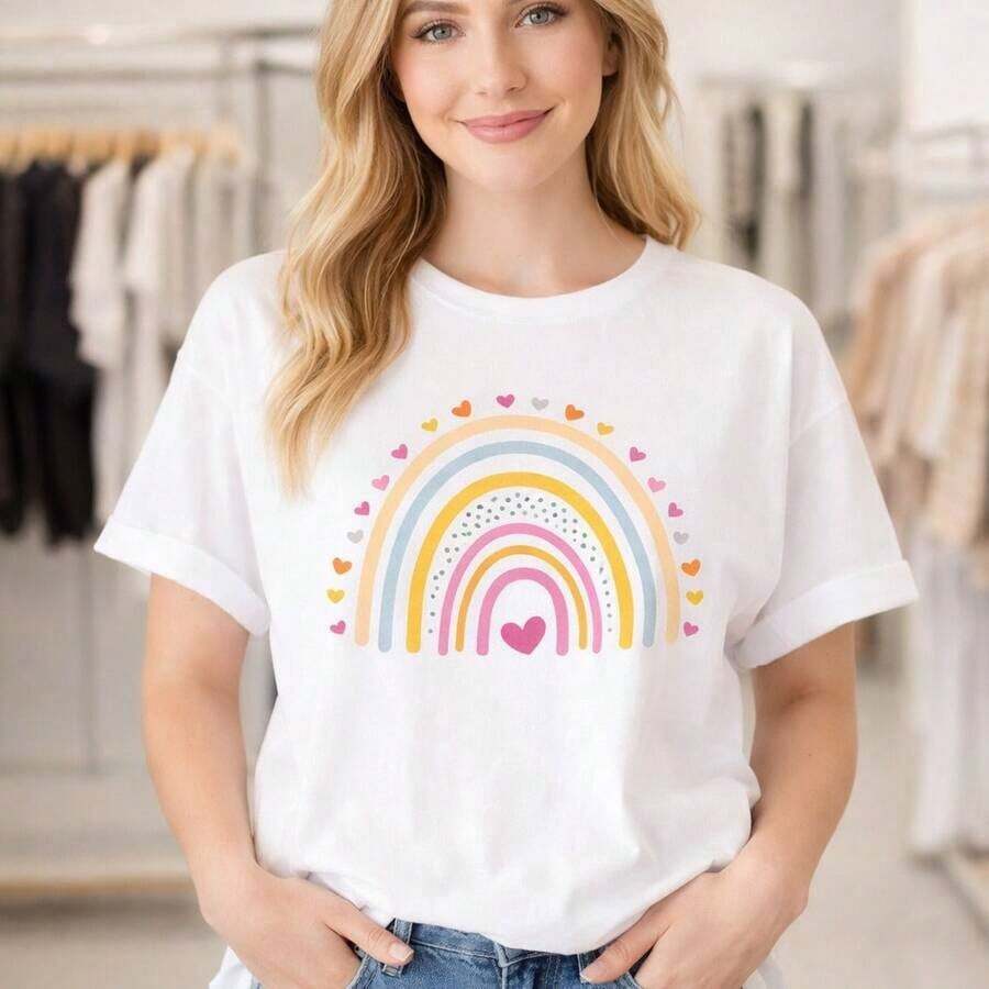Camiseta de Algodón con Estampado de Corazón Arcoíris para Mujer, Camiseta Casual de Manga Corta, Corte Holgado, Tela Suave y Cómoda, Tallas M-5XL, Camiseta con Diseño Gráfico para Uso Diario, Negra - Blanco - Ver 1