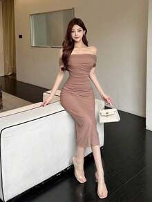 Vestido de hombros abiertos de unicolor, vestido de fiesta elegante para cumpleaños, Año Nuevo, baile de graduación, vestido de cóctel de hombros descubiertos de largo maxi - Rosa vieja - Ver 6