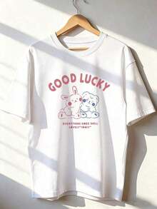 Remera Amigos Animalillos Frase Buena Suerte,Camiseta de manga corta de moda para primavera y verano de 2026, Estampado de dibujos animados, modelo de pareja, apta para uso interior o exterior. Cuello redondo, unisex, ideal para oficina y ocio. - WH-P631557LNDXZGY281 - Ver 2