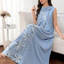 Al Najma Women's Floral Embroidered Mandarin Collar Sleeveless Elegant Arabic Dress, Summer - Azul - Ver 5