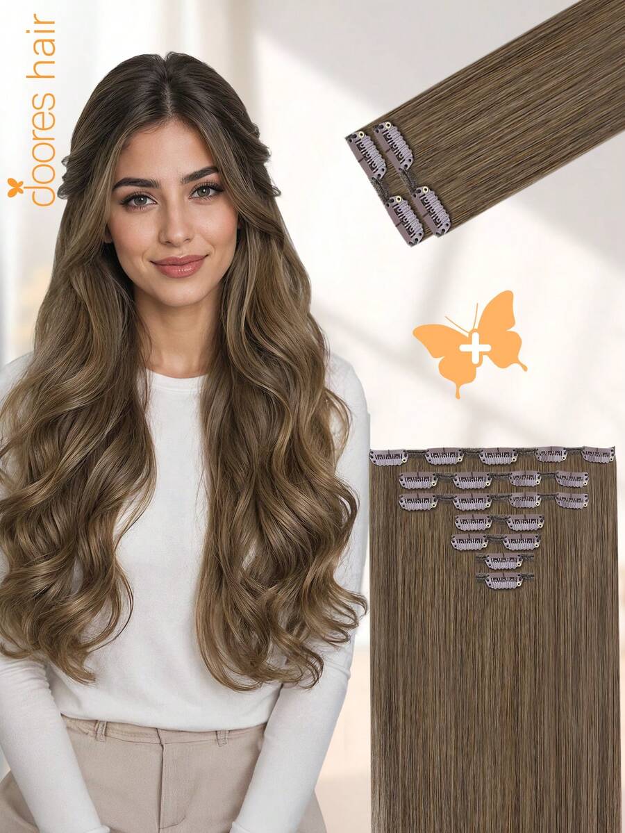 DOORES Extensiones de cabello humano real de 9 piezas, rectas, de virgen natural, con doble trama, invisibles y suaves, mini piezas de cabello para cabello ralo, para uso diario de mujeres y hombres, fácil de usar en 5 minutos, extensiones de cabello con clips sin costuras - S5 - Ver 1