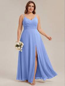 EVERPRETTY Plus Size Women's Chiffon V-Neck Slit High Waist Long Formal Evening Gown Elegant Wedding Bridesmaid Dress Summer Wedding Guest Dress Party - Dusty Blue - View 4