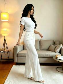 el mejor regalo para el Día de la Madre:Conjunto deportivo de mujer con top corto de manga corta y pantalones acampanados con cintura anudada, para primavera/otoño - Blanco - Ver 2