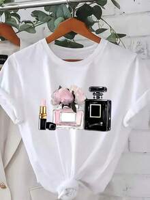 Women's Camisole With Paris Perfume And Lipstick Graphic Print | Casual Short-Sleeved Camisole With Round Neck And Geometric Floral Design, Medium Elasticity, Machine Washable, Versatile Use For Spring, Summer And Autumn, Seasonal Fashion, Medium Elasticity Fabric, Breathable And Comfortable. - 白色 - 查看 4