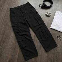 Women's High Waist Cargo Pants, Wide Leg Y2K Streetwear Trousers With Utility Pockets & Grunge Style - Black - View 7
