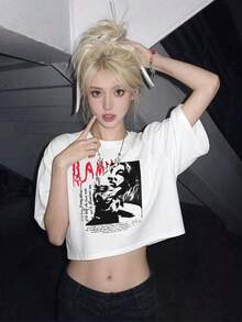 女士圆领短袖T恤，夏季新款时尚字母印花，休闲百搭宽松露脐上衣，适合日常穿着 - 白色 - 查看 2