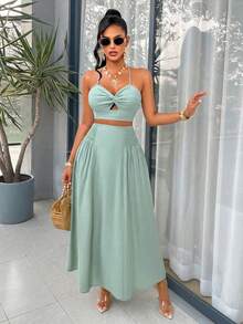AIJ Amarilo Green Satin Spaghetti Strap Pleated Hollow Back Camisole Top + High Waist Ruffle Hem A-Line Maxi Skirt 2-Piece Set, Suitable For Summer, Spring, Wedding Guest, Graduation Ceremony And Vacation - Bean Green - View 3