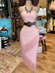 Vestido de mujer de moda con unicolor, volante asimétrico en el bajo y sin tirantes (cinturón no incluido) - Rosa Pálido - Ver 6
