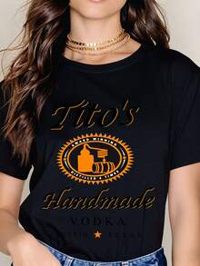 Women's Casual Loose Fit Crew Neck Short Sleeve Top Tito's Handmade Vodka Logo Print Austin Texas Design For Everyday Wear And Outings - màu đen - Xem 1