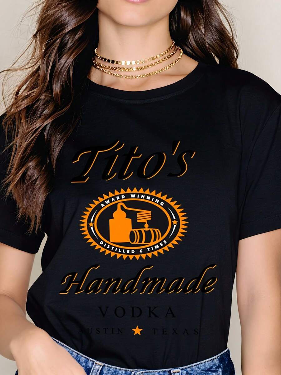 Women's Casual Loose Fit Crew Neck Short Sleeve Top Tito's Handmade Vodka Logo Print Austin Texas Design For Everyday Wear And Outings - màu đen - Xem 1